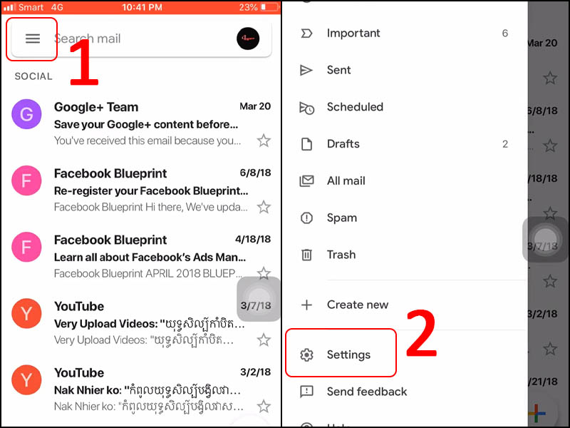 Mở app Gmail > Dấu 3 gạch > Settings